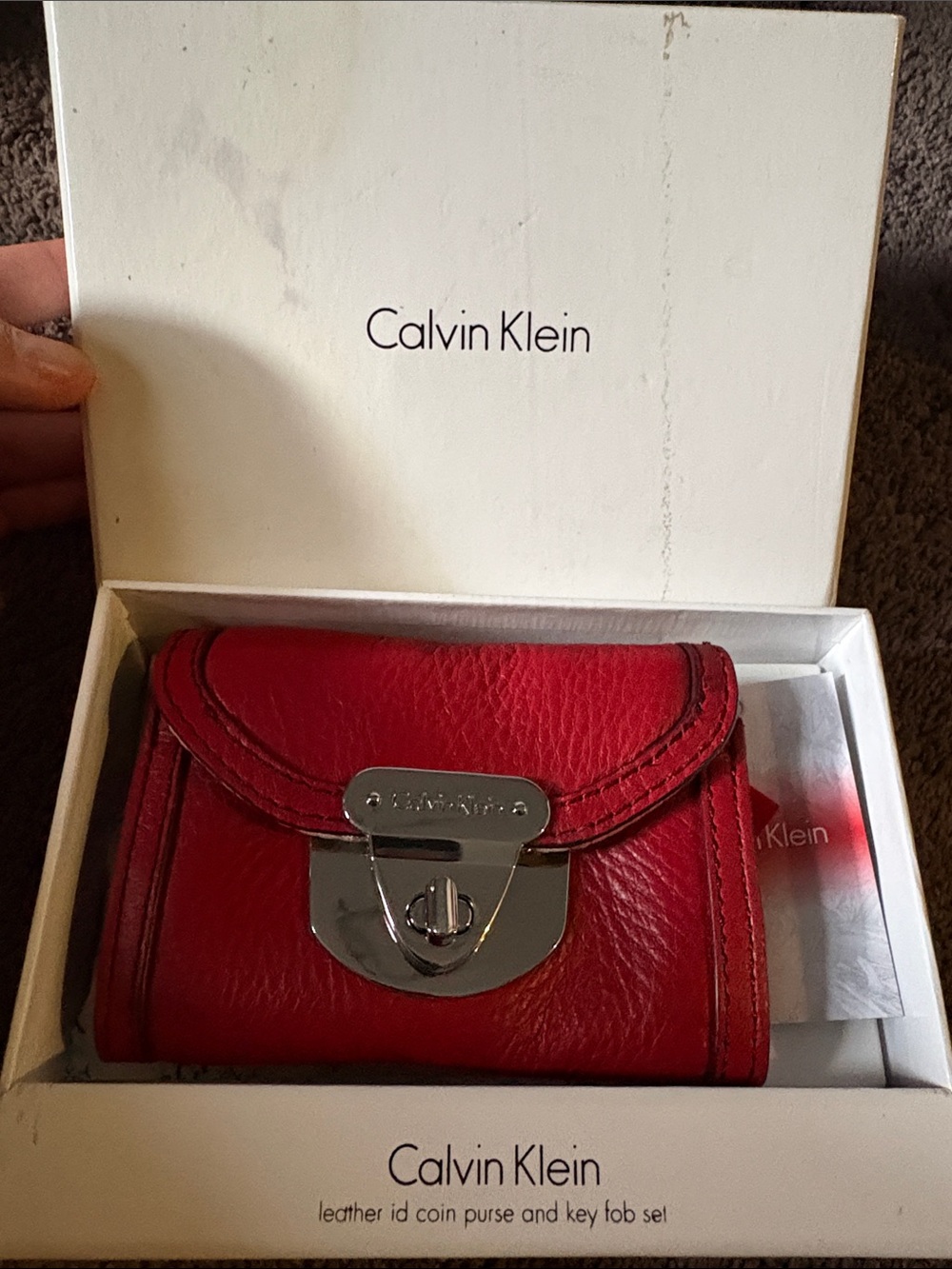 Calvin Klein Red Leather Coin Wallet with Silver Hardware